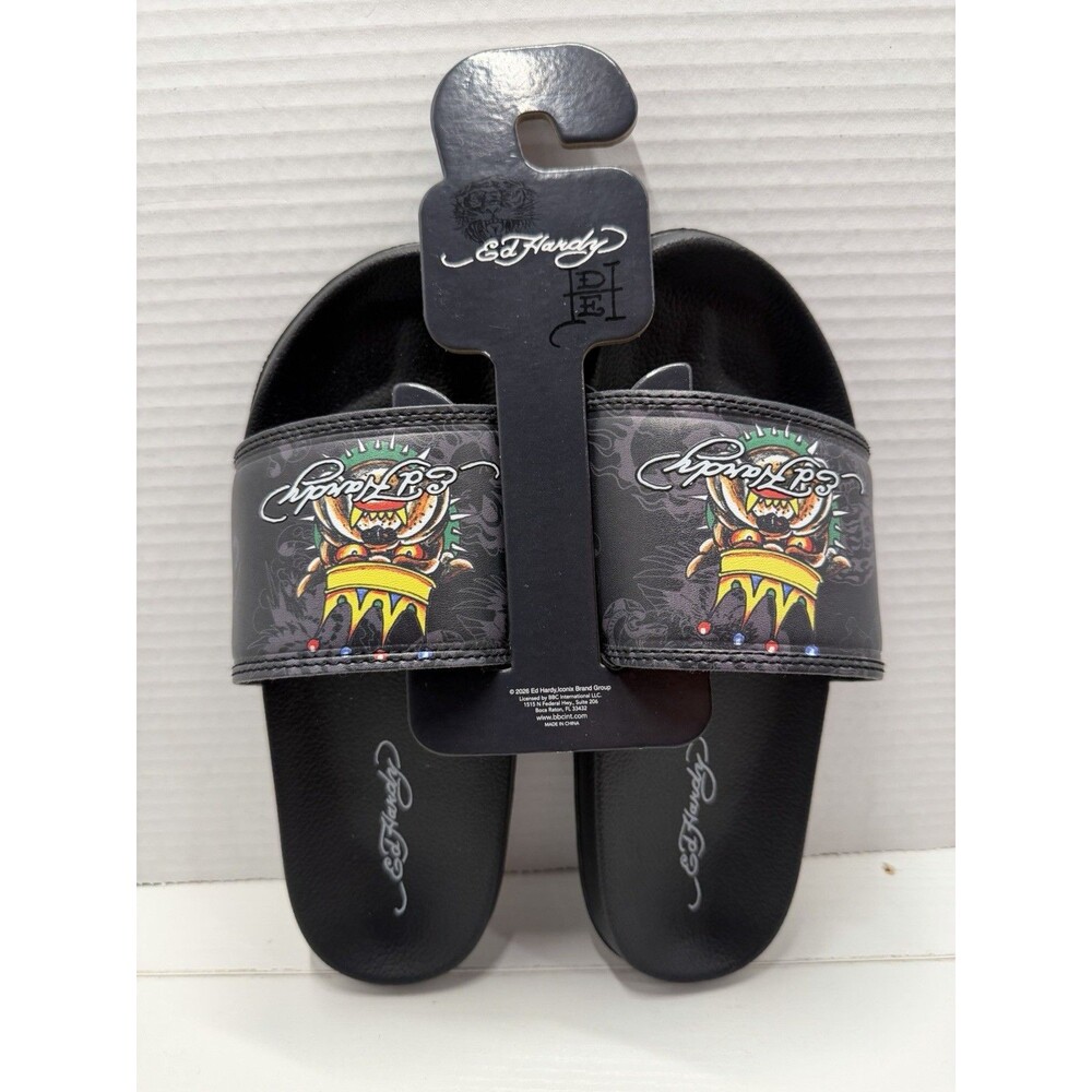 Ed Hardy "Crowned Bulldog" Tattoo Slide Sandals Youth Size 3